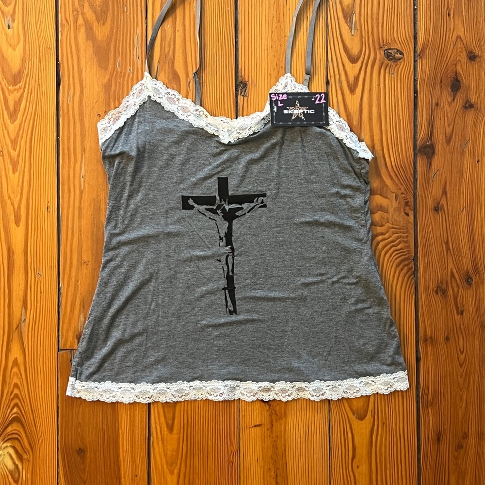 Gray Camisole with White Lace Trim and Cross Design